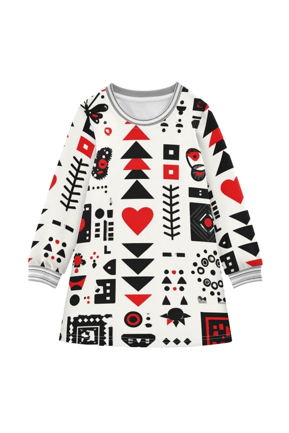 Seamless Vector with Heart Triangle Butterfly Pattern Long-sleeved Dress A-line One-Piece Dress for 2-8 Years Casual Party 4T
