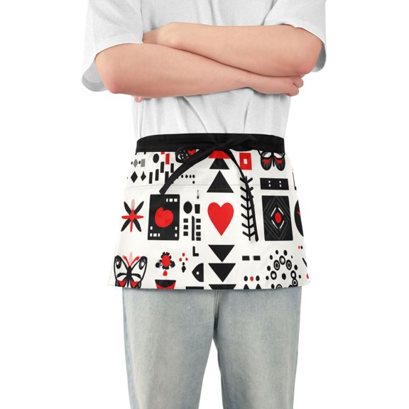 Seamless Vector with Heart Triangle Butterfly Pattern Short Server Apron with 3 Pockets for Unisex Chef Gardening