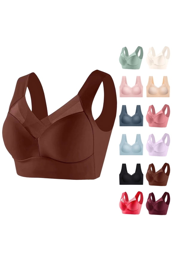 Seamless Wirefree Bras for Older Women Wireless Posture Corrector Push Up Anti Sagging Full Coverage Ice Silk Bra,Brown,Large