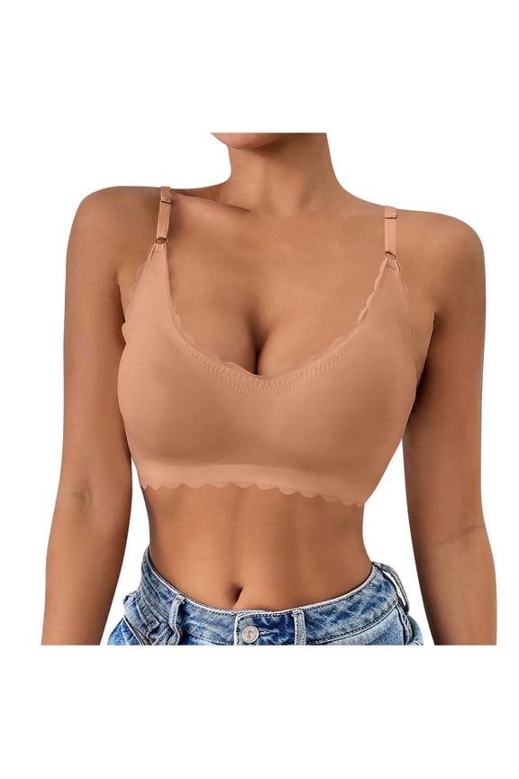 Seamless Wireless Bra for Women Adjustable Strap Scalloped No Underwire Full Coverage Push Up Tshirts Bras (XL, Khaki)