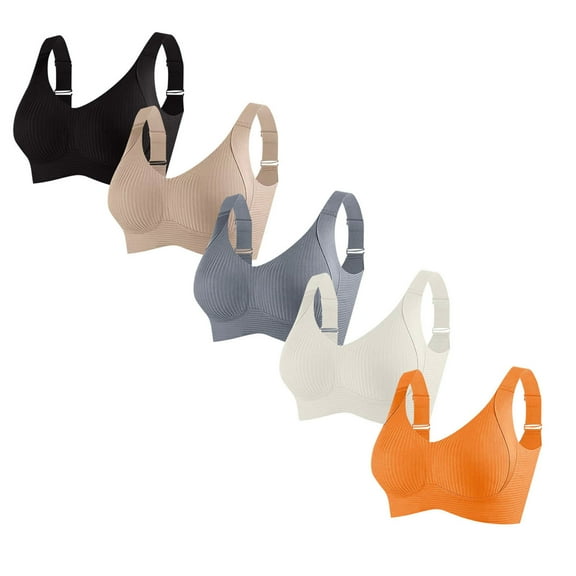 Seamless Wireless Everyday Bras - 5Pc Woman's Solid Color Gathered Together Large Size Daily Bra Underwear No Rims Khaki Xl