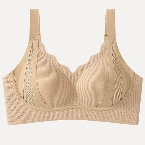 Seamless Wireless Everyday Bras - Woman Seamless Thin without Rims Soft Support Gathered Breathable Underwear Daily Bra. Beige M