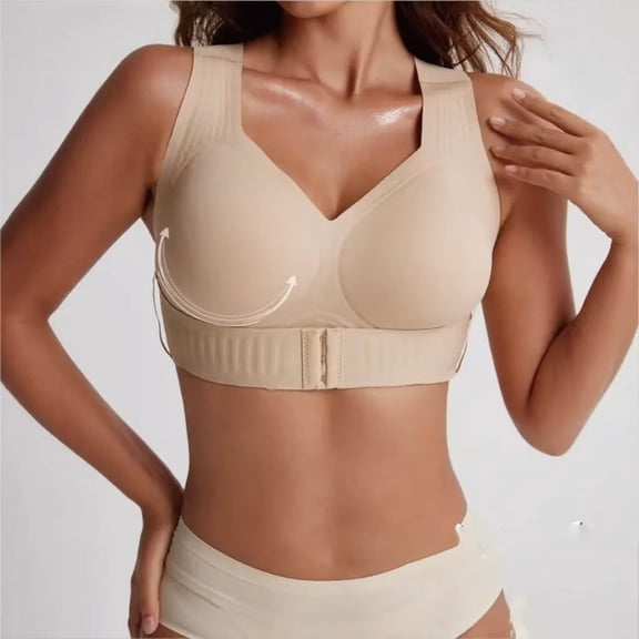 Seamless Wireless Posture Corrector Bra for Women, Lightly Lined Push Up Front Closure Back Support Bralette, Soft Comfortable Lingerie Front Closure Cross Back Wireless