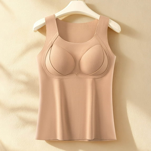 Seamless Women's Fall & Winter Tank Top - Warm Solid Color with Built-In Chest Pad, Velvet-Lined Inner Wear & All-in-One Underwear Beige 4XL