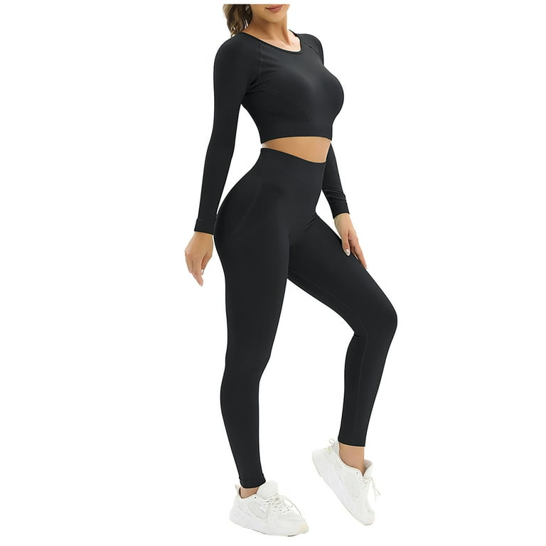 Seamless Workout Outfits for Women 2 Piece Ribbed Long Sleeve Crop Top  Tummy Control High Waist Leggings Sets Casual Bodycon Outfit Set