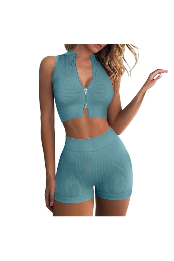 Seamless Workout Sets for Women Ribbed Zip Up Crop Tops High Waist Running Shorts Gym Exercise 2 Piece Yoga Sets
