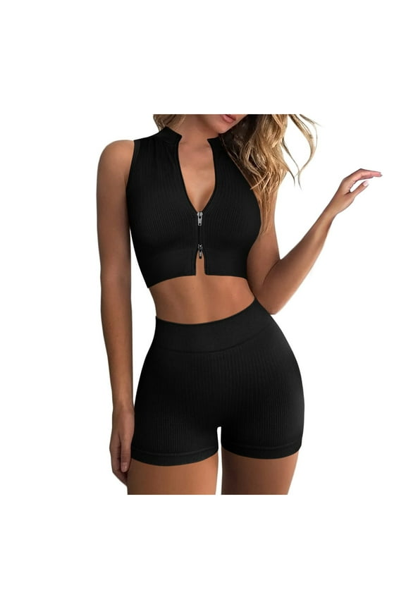 Seamless Workout Sets for Women Ribbed Zip Up Crop Tops High Waist Running Shorts Gym Exercise 2 Piece Yoga Sets
