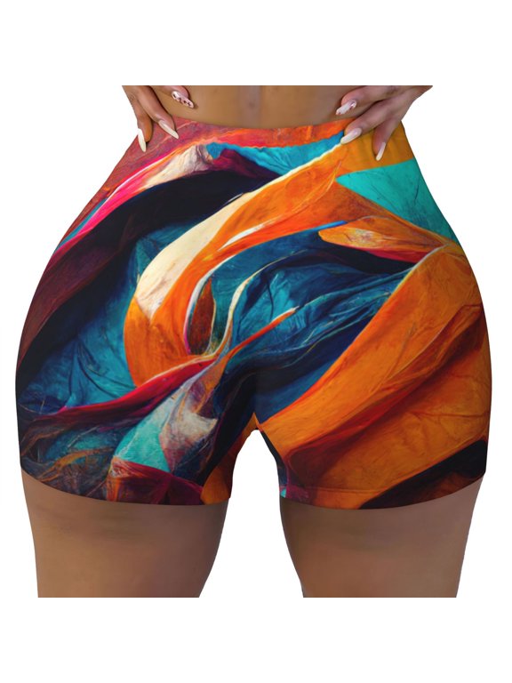 Seamless Workout Shorts Women - Abstract Fabric Color Waves Biker Gym Running Yoga Spandex Shorts for Women