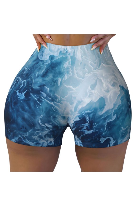 Seamless Workout Shorts Women - Abstract Ocean Waves Biker Gym Running Yoga Spandex Shorts for Women