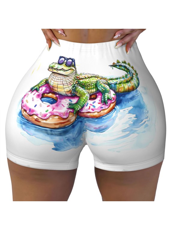 Seamless Workout Shorts Women - Alligator Donut Pool Float Biker Gym Running Yoga Spandex Shorts for Women