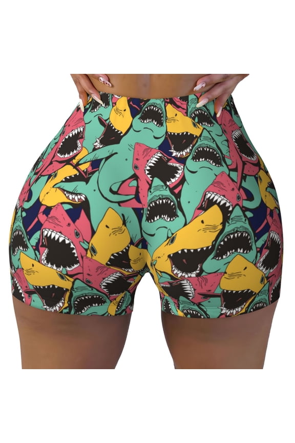 Seamless Workout Shorts Women - Angry Shark Pattern Biker Gym Running Yoga Spandex Shorts for Women