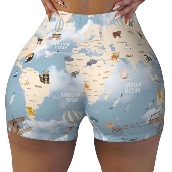 Seamless Workout Shorts Women - Animals Travel World Map Biker Gym Running Yoga Spandex Shorts for Women