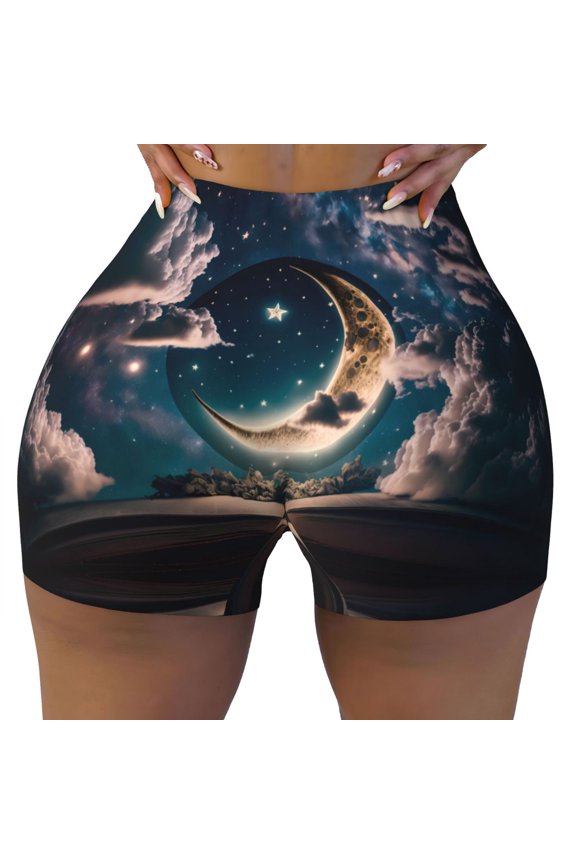 Seamless Workout Shorts Women - Artistic Starry Sky Moon Book Biker Gym Running Yoga Spandex Shorts for Women