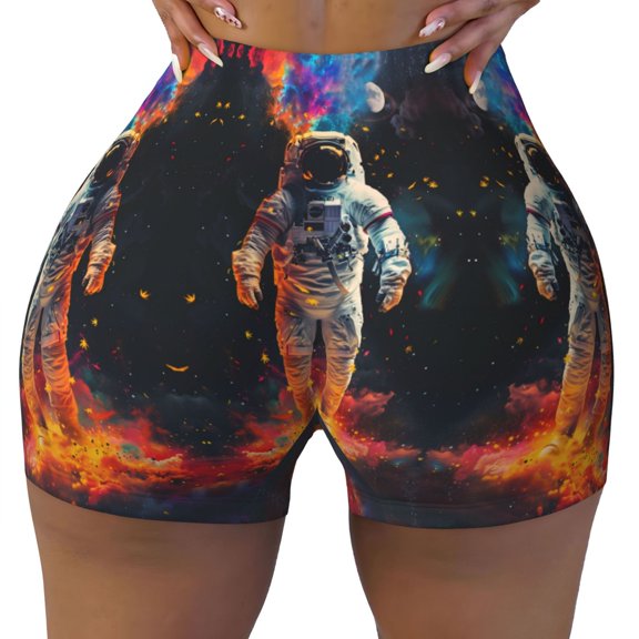 Seamless Workout Shorts Women - Astronaut Cosmic Rainbow Biker Gym Running Yoga Spandex Shorts for Women