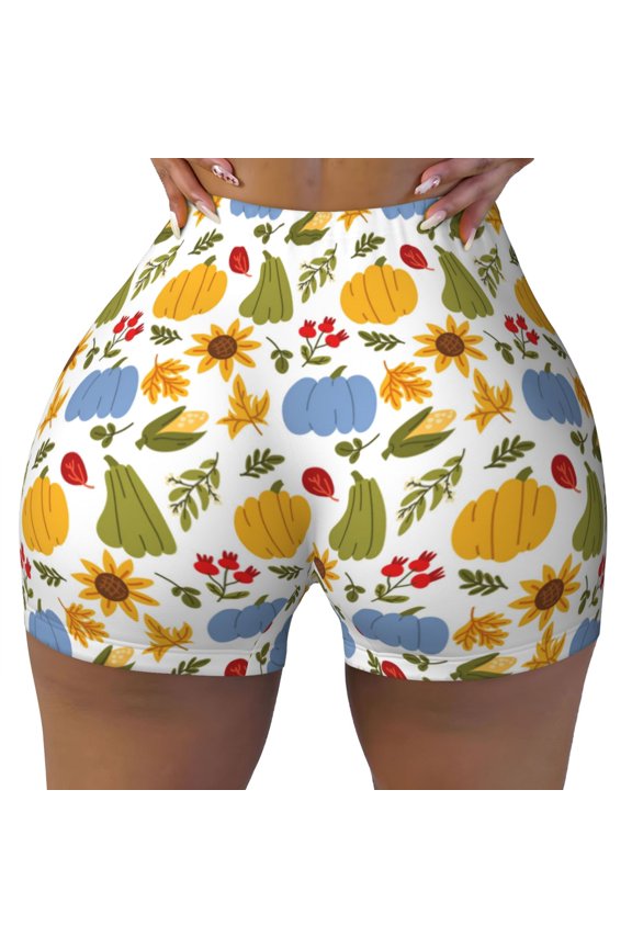 Seamless Workout Shorts Women - Autumn Pumpkins Blooms Biker Gym Running Yoga Spandex Shorts for Women