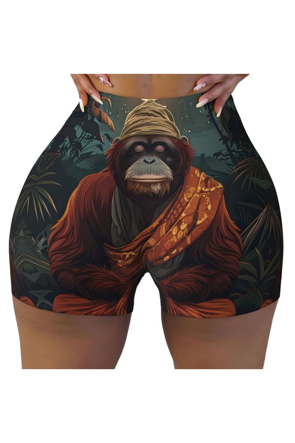 Seamless Workout Shorts Women - Banana Leaf Meditating Gorilla Biker Gym Running Yoga Spandex Shorts for Women