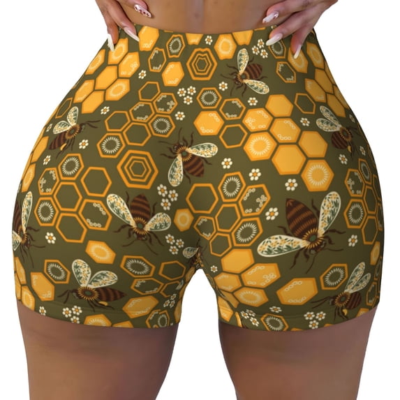 Seamless Workout Shorts Women - Bees and Honeycombs Biker Gym Running Yoga Spandex Shorts for Women