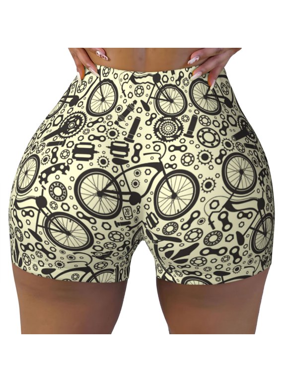 Seamless Workout Shorts Women - Bike Pattern Fancy Biker Gym Running Yoga Spandex Shorts for Women