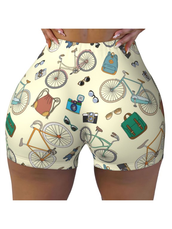 Seamless Workout Shorts Women - Bike Pattern Trendy Biker Gym Running Yoga Spandex Shorts for Women
