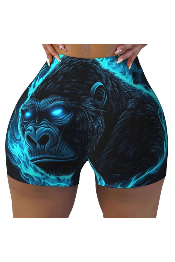 Seamless Workout Shorts Women - Black Gorilla Blue Flames Biker Gym Running Yoga Spandex Shorts for Women