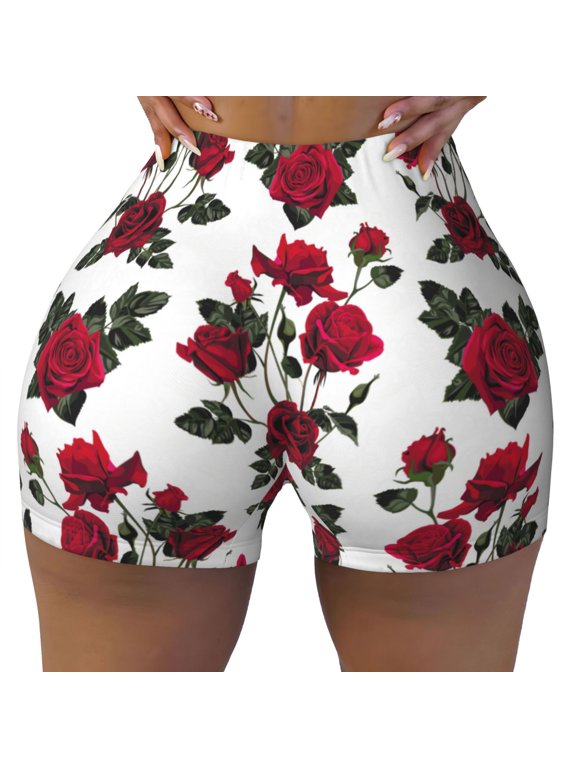 Seamless Workout Shorts Women - Bloom Rose Flowers Biker Gym Running Yoga Spandex Shorts for Women