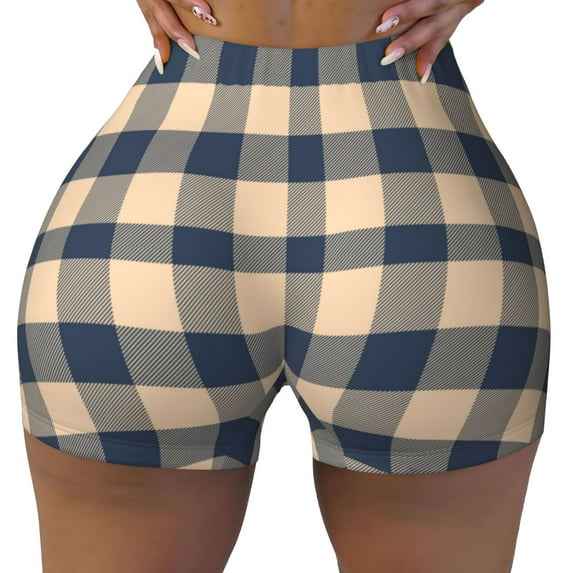 Seamless Workout Shorts Women - Blue Brown Twill Stripe Plaid Biker Gym Running Yoga Spandex Shorts for Women