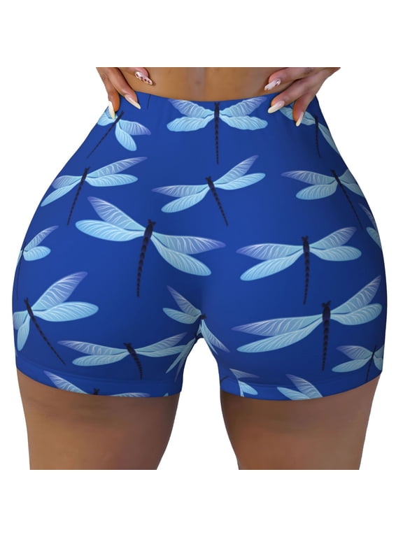 Seamless Workout Shorts Women - Blue Dragonfly Print Biker Gym Running Yoga Spandex Shorts for Women