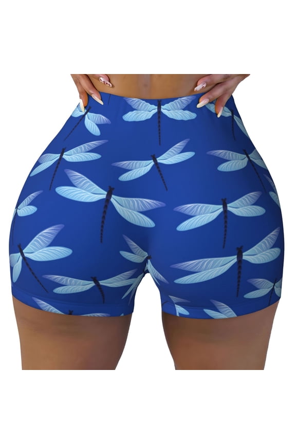 Seamless Workout Shorts Women - Blue Dragonfly Print Biker Gym Running Yoga Spandex Shorts for Women