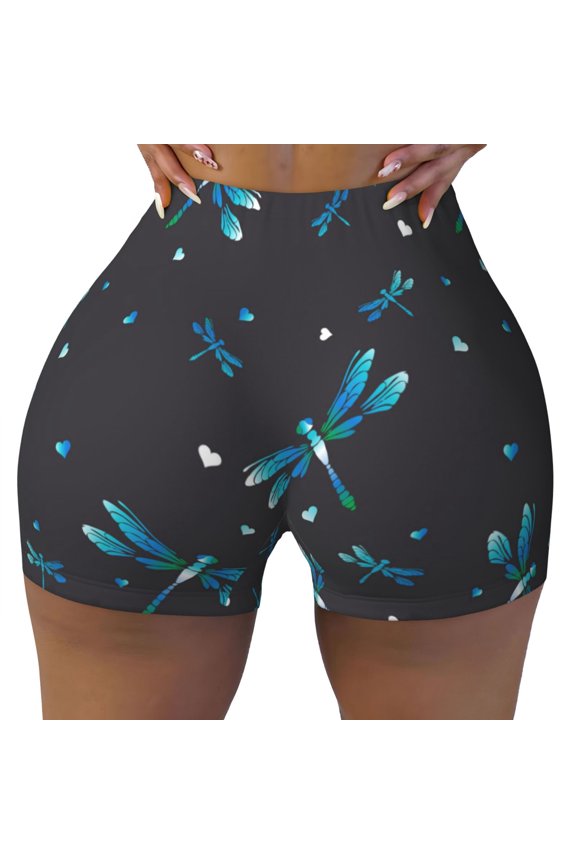 Seamless Workout Shorts Women - Blue Heart Dragonfly Biker Gym Running Yoga Spandex Shorts for Women