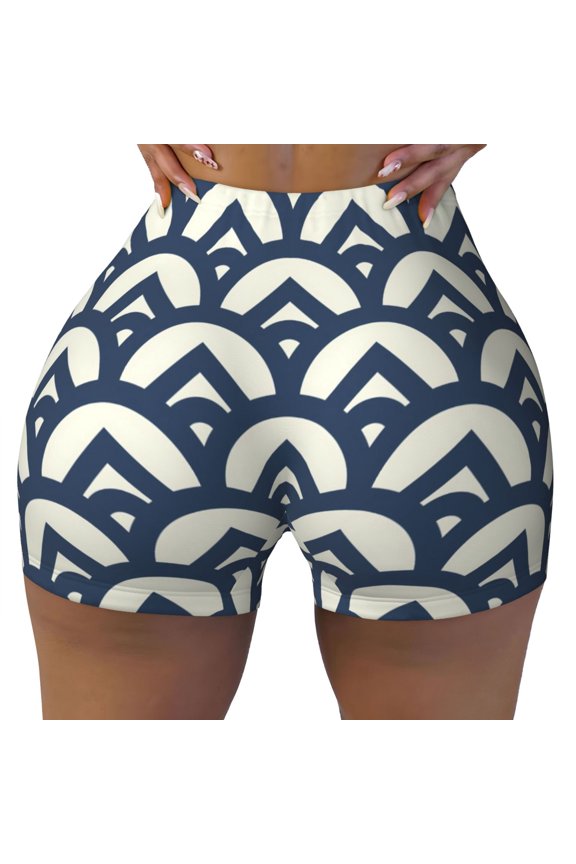 Seamless Workout Shorts Women - Blue Wave Pattern A Biker Gym Running Yoga Spandex Shorts for Women