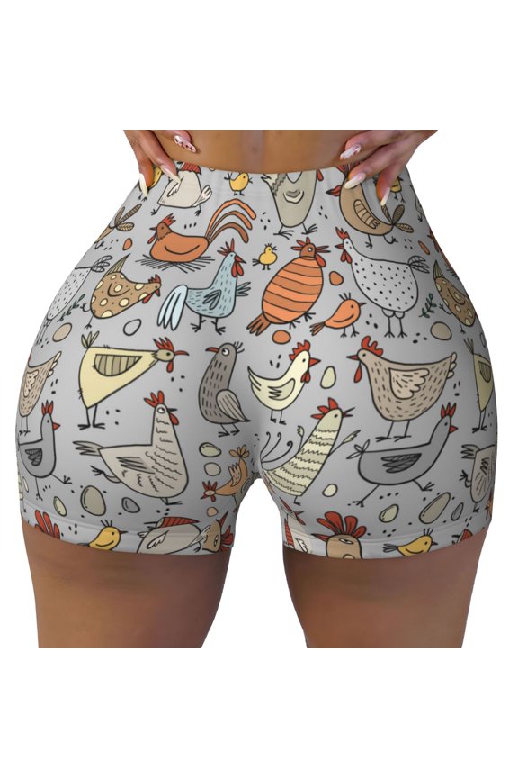 Seamless Workout Shorts Women - Bohemian Funny Cute Chicken Biker Gym Running Yoga Spandex Shorts for Women