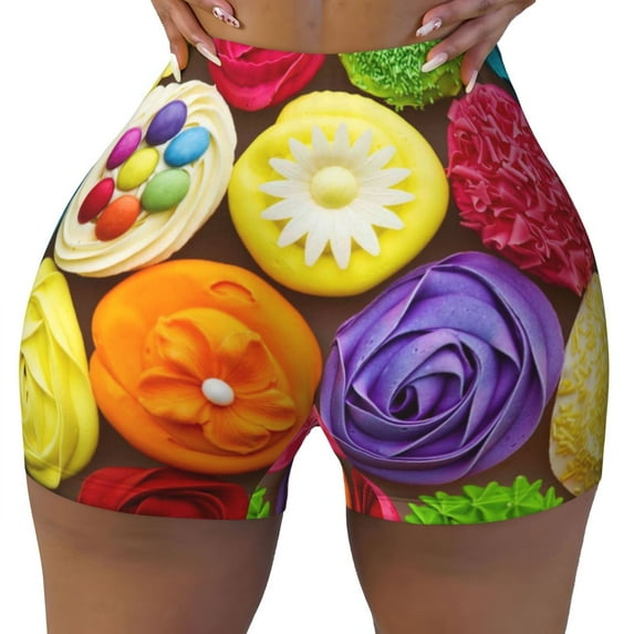 Seamless Workout Shorts Women - Brightly Colored Cupcakes Biker Gym Running Yoga Spandex Shorts for Women