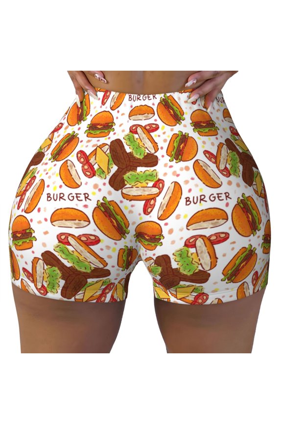 Seamless Workout Shorts Women - Burger Biker Gym Running Yoga Spandex Shorts for Women