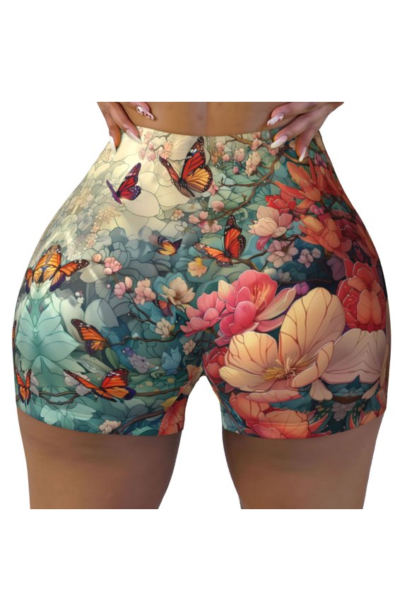 Seamless Workout Shorts Women - Butterflies In Blooming Garden Biker Gym Running Yoga Spandex Shorts for Women