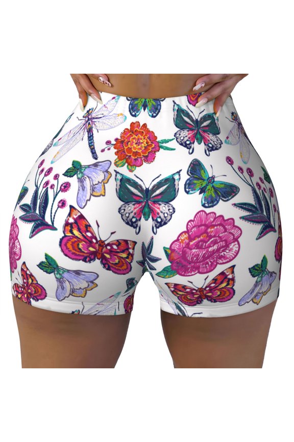Seamless Workout Shorts Women - Butterfly Flower Dragonfly Biker Gym Running Yoga Spandex Shorts for Women
