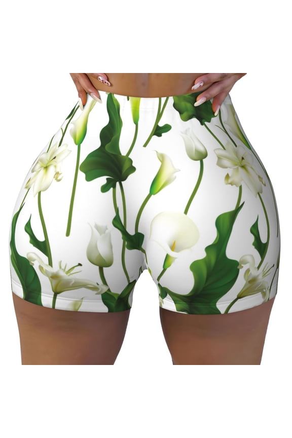 Seamless Workout Shorts Women - Calla Lily Flowers Bloom Biker Gym Running Yoga Spandex Shorts for Women