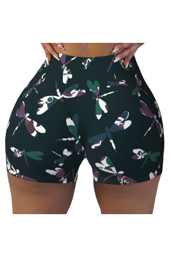 Seamless Workout Shorts Women - Camouflage Dragonfly Biker Gym Running Yoga Spandex Shorts for Women