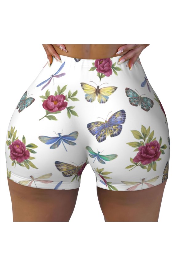 Seamless Workout Shorts Women - Carnation Butterfly Dragonfly Biker Gym Running Yoga Spandex Shorts for Women