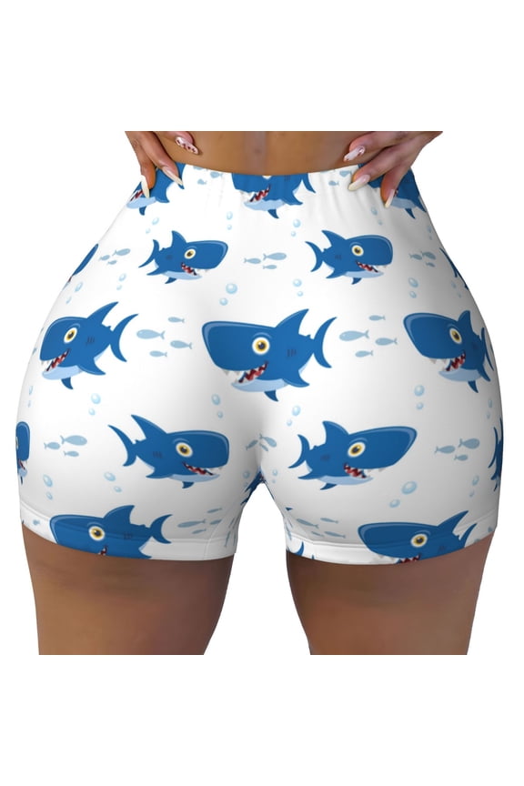 Seamless Workout Shorts Women - Cartoon Cute Shark Blue_A Biker Gym Running Yoga Spandex Shorts for Women