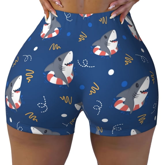 Seamless Workout Shorts Women - Cartoon Cute Shark Swim Ring Biker Gym Running Yoga Spandex Shorts for Women