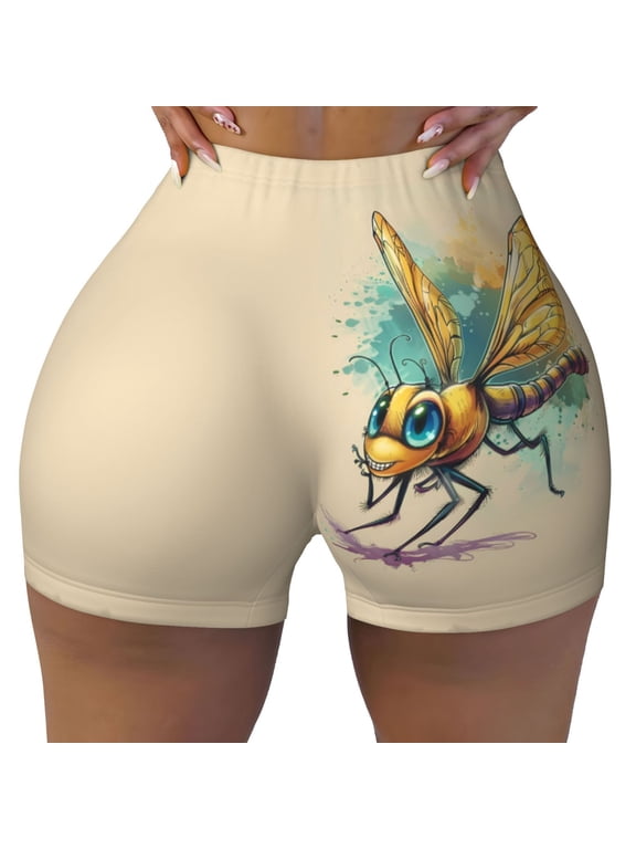 Seamless Workout Shorts Women - Cartoon Dragonfly Art Biker Gym Running Yoga Spandex Shorts for Women