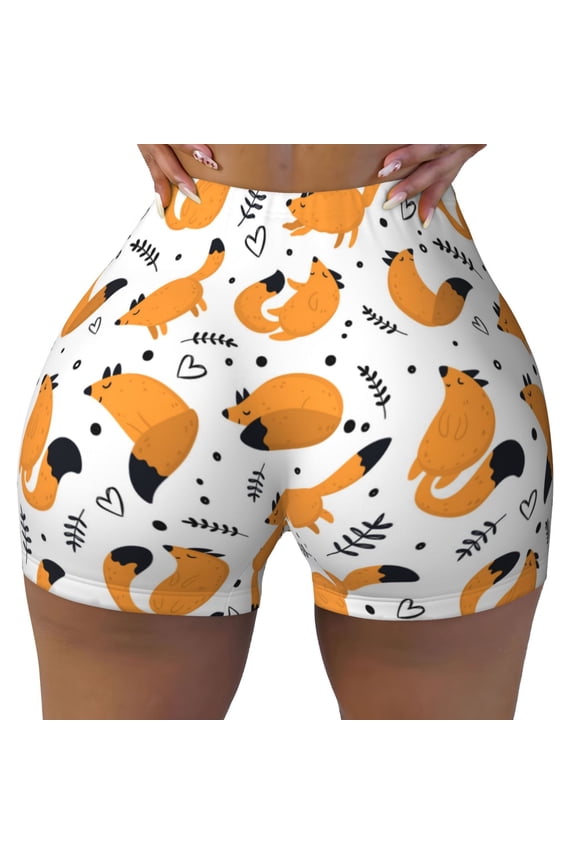 Seamless Workout Shorts Women - Cartoon Fox Print Biker Gym Running Yoga Spandex Shorts for Women