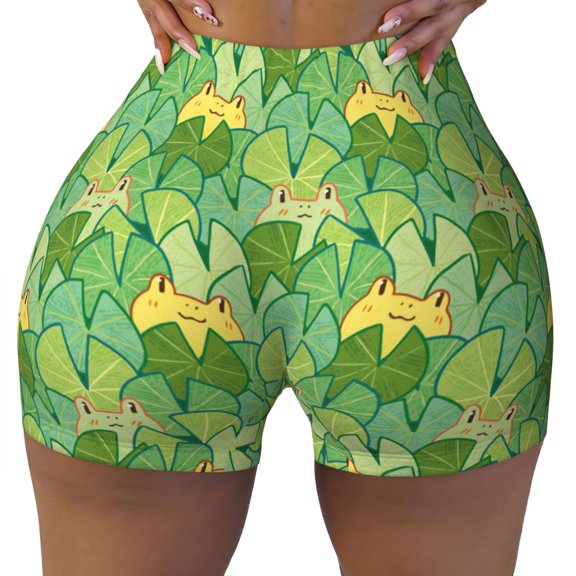 Seamless Workout Shorts Women - Cartoon Frog And Lotus Leaf Biker Gym Running Yoga Spandex Shorts for Women
