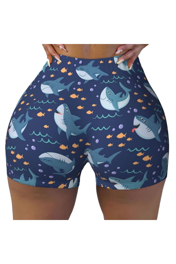 Seamless Workout Shorts Women - Cartoon Funny Shark_A Biker Gym Running Yoga Spandex Shorts for Women