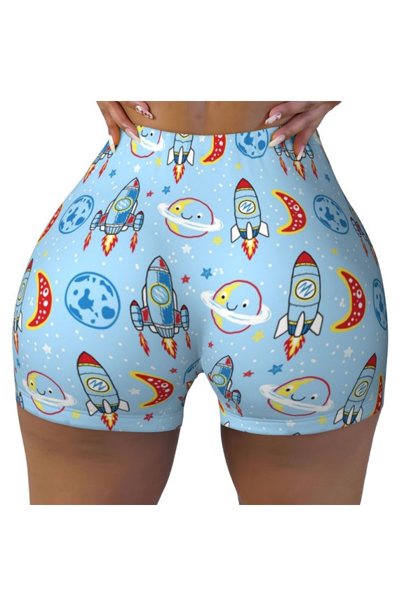 Seamless Workout Shorts Women - Cartoon Rocket With Space Biker Gym Running Yoga Spandex Shorts for Women