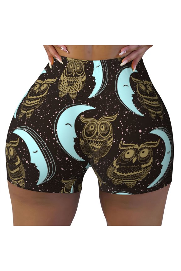 Seamless Workout Shorts Women - Cartoon owls moon night starry sky Biker Gym Running Yoga Spandex Shorts for Women