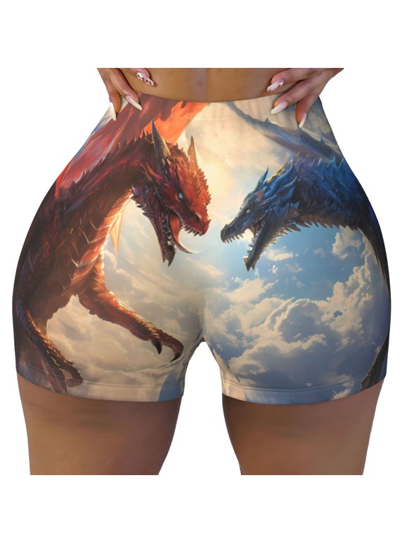 Seamless Workout Shorts Women - Cloud Red and Blue Dragon Biker Gym Running Yoga Spandex Shorts for Women