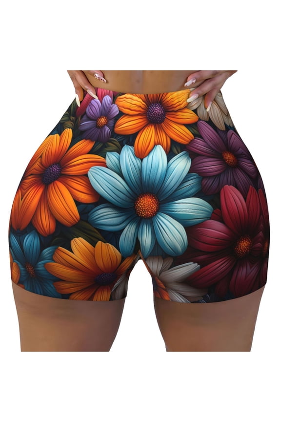 Seamless Workout Shorts Women - Colorful Blooming Flowers Biker Gym Running Yoga Spandex Shorts for Women