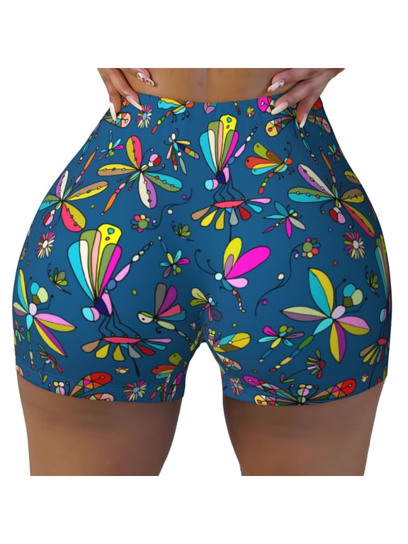 Seamless Workout Shorts Women - Colorful Dragonfly Butterfly Biker Gym Running Yoga Spandex Shorts for Women