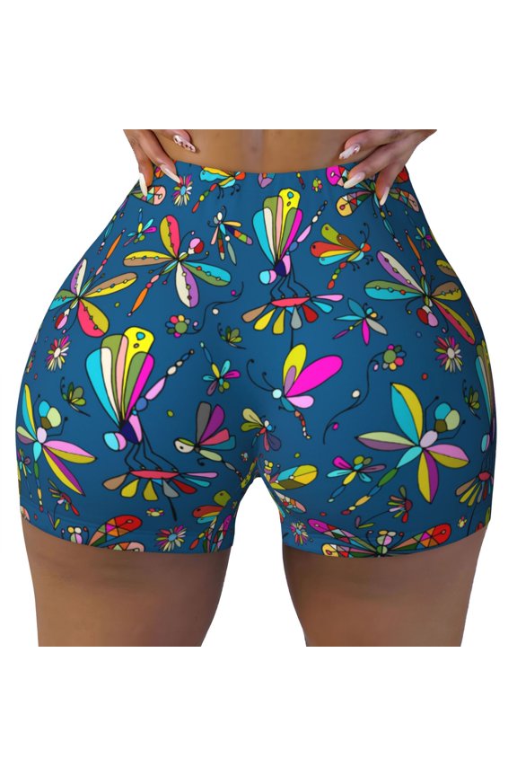 Seamless Workout Shorts Women - Colorful Dragonfly Butterfly Biker Gym Running Yoga Spandex Shorts for Women